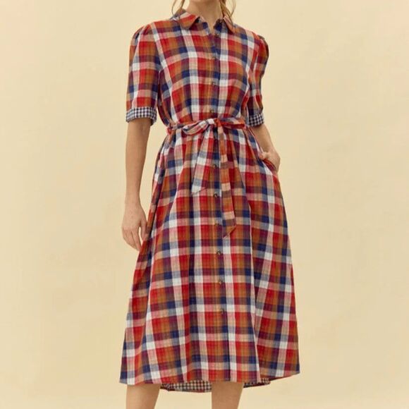 Jodifl Dresses & Skirts - Jodifl Checkered Midi Shirt Dress w/Belt Sz Small Classic Academia Cottagecore